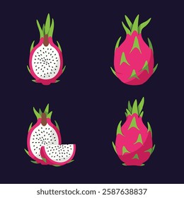 Pitaya, pitaya or dragon fruit. Fresh, summer tropical fruit. Ripe fruit with white pulp. Vector illustration flat cartoon