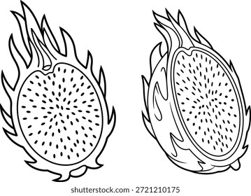 Pitaya Dragon Fruit Halves colorir página e vetor linha arte ilustração