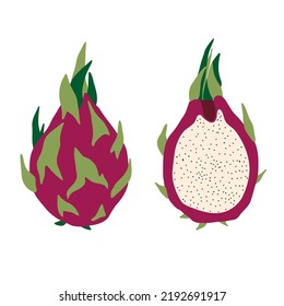 Pitaya Dragon Fruit Icon. Cartoon Flat Pitahaya Dragonfruit. Sliced Summer Tropical Exotic Fruit. Vector Illustration.