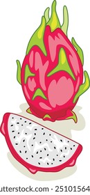 Pitaya fruta del dragón aislada en blanco. Vector