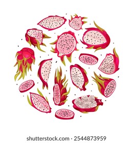 Pitaya or Dragon Fruit Round Composition Design with Tropical Plant Vector Template
