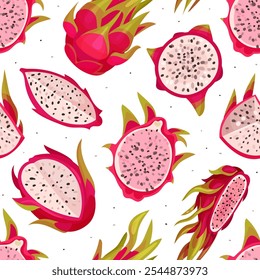 Pitaya or Dragon Fruit Seamless Pattern Design with Tropical Plant Vector Template