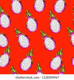 Pitaya Dragon fruit Vector Repeat Seamless Pattrern. Great for fabric, packaging, wallpaper, invitations.Summer pattern.Organic food.Pitaya Dragon fruit vector