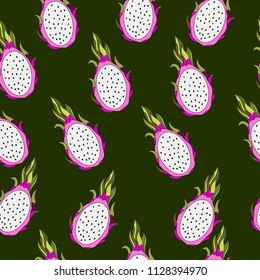 Pitaya Dragon fruit Vector Repeat Seamless Pattrern. Great for fabric, packaging, wallpaper, invitations.Summer pattern.Organic food.Pitaya Dragon fruit vector