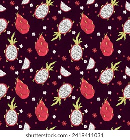 Patrón de fruta de Pitaya con flores silvestres. Imprimir con frutos dispersos en un fondo oscuro.