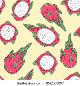Pitaya hand draw vector pattern, seamless wallpaper with the image of an exotic fruit pitaya