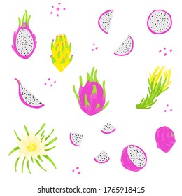 Pitaya handgezeichnet Vektorgrafik. Drachenfruchtset. Ganze, geschnittene, geschnittene Pitahaya-Früchte, Blätter, Blumen. Design-Vorlage