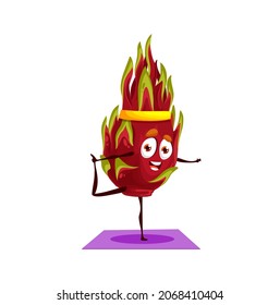 Pitaya isolated dragon fruit food dessert cartoon character mascot go in for sport. Vector ripe pitahaya, juicy fruit, vegetarian food. Pithaya, exotic tropical dragonfruit on yoga fitness pilates mat