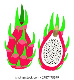 Pitaya isolated on white - whole dragon fruit and half. Ripe pitahaya