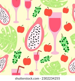 pitaya, juice glasses, apples, grapes and leaves tropical seamless vector pattern. Tropical jungle fruits and plants seamless surface pattern. Rainforest plants seamless repeat pattern.