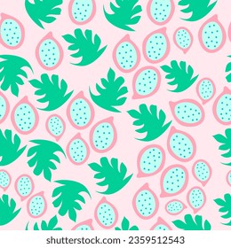 Pitaya and monstera leaves seamless tropical pattern. Tropical fruit and leaves simple exotic jungle vector repeat pattern.