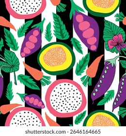 pitaya, papaya, carrots, green leaves, purple peas and vertical black stripes seamless pattern. vegetables, fruits placed on black stripes seamless pattern. Good for tiles, fabric, textile, decoration
