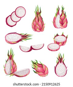 Pitaya or Pitahaya Fruit of Cactus Species with White Flesh and Black, Crunchy Seed Vector Set