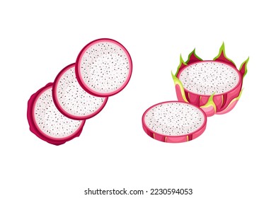 Pitaya or Pitahaya Fruit of Cactus Species with White Flesh and Black, Crunchy Seed Vector Set