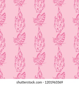 pitaya, pitahaya tropical fruit, butterfly seamless pattern