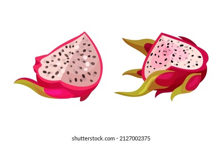 Pitaya or Pitahaya Tropical Fruit with White Juicy Flesh Vector Set