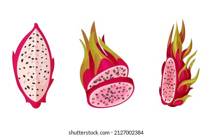 Pitaya or Pitahaya Tropical Fruit with White Juicy Flesh Vector Set