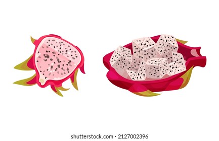Pitaya or Pitahaya Tropical Fruit with White Juicy Flesh Vector Set