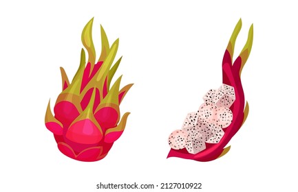 Pitaya or Pitahaya Tropical Fruit with White Juicy Flesh Vector Set