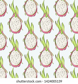 Pitaya repetiotion pattern. Vector tropical dragon  fruit sketch drawing. Sweet vegerarian succulent. Exotic cactus modern paint, trendy illustration.