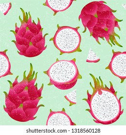 Pitaya seamless pattern. Red ripe dragon fruit. Whole and cut fruit on shabby background. Original illustration on shabby style.