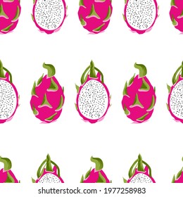 Pitaya slices simple vector hand drawn seamless pattern. Tropical fruits on whitebackground. Detailed hand-drawn food illustration. Tropical pattren for any design purposes