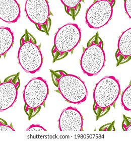 Pitaya slices vector hand drawn seamless pattern. Tropical fruits on white background. Detailed hand drawn healthy food illustration. Tropical pattern for any design purposes