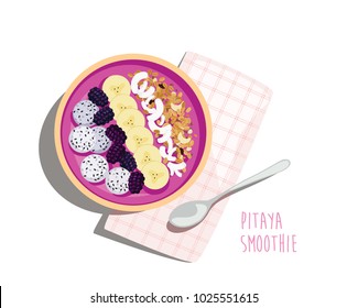 Pitaya smoothie breakfast bowl topped with dragon fruit, blackberries, banana, coconut flakes and granola. Nutritive summer meal with napkin and spoon. Top view isolated vector illustration.