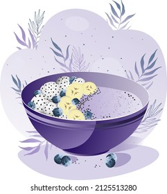 Pitaya Smoothie Breakfast Bowl Topped With Dragon Fruit, Blueberries, Banana And Yogurt. Side View Isolated Vector Illustration.