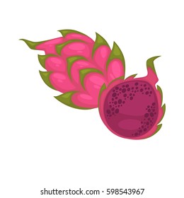 Pitaya whole and half isolated on white background. Ripe dragon fruit. Fresh tropical fruits colorful vector illustration. Tasty nutrition organic food with pink flesh and dark seeds in flat style