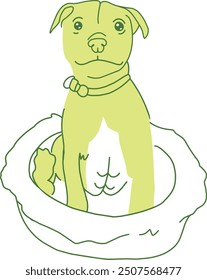 Pitbull cute green in a dog bed illustration