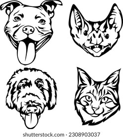 Pitbull dog face vector, Bat face black and white vecor, poodle dog vector, Cat head vector