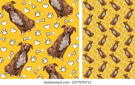 Pitbull dog on a playful yellow background with bones and paws. Funky, colorful vibe, vibrant palette. Simple, clean, modern texture. Summer seamless pattern with dogs.Birthday present.Love, valentine