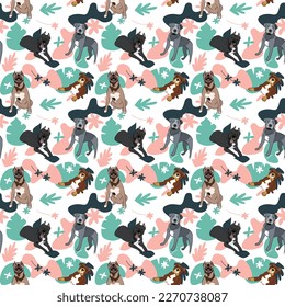 PitBull dog wallpaper with leaves, palms, flowers, plants. Pastel green, pink, navy. Holiday abstract natural shapes. Seamless floral background with dogs, repeatable pattern. Birthday wallpaper. 