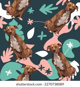 PitBull dog wallpaper with leaves, palms, flowers, plants. Pastel green, pink, navy. Holiday abstract natural shapes. Seamless floral background with dogs, repeatable pattern. Birthday wallpaper. 