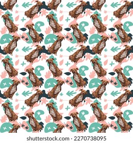 PitBull dog wallpaper with leaves, palms, flowers, plants. Pastel green, pink, navy. Holiday abstract natural shapes. Seamless floral background with dogs, repeatable pattern. Birthday wallpaper. 