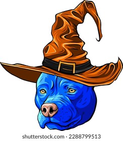 pitbull dog wearing the witch hat. vector illustration