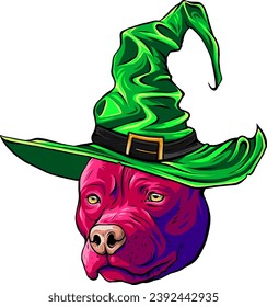 pitbull dog wearing the witch hat. vector illustration on white background