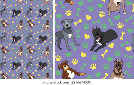Pitbull dogs on a playful violet background with bones, hearts, paws. Funky, colorful vibe, vibrant palette. Simple, clean, modern texture. Summer seamless pattern with dogs. Birthday present, card.
