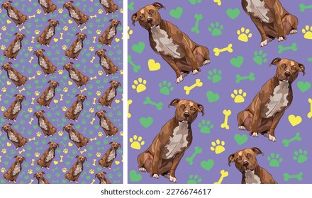 Pitbull dogs on a playful violet background with bones, hearts, paws. Funky, colorful vibe, vibrant palette. Simple, clean, modern texture. Summer seamless pattern with dogs. Birthday present, card.