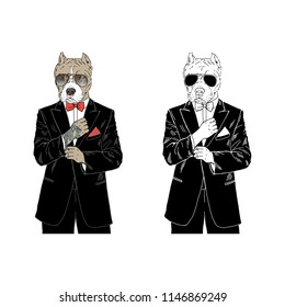 Pitbull dressed up in tuxedo, anthropomorphic illustration, fashion dogs