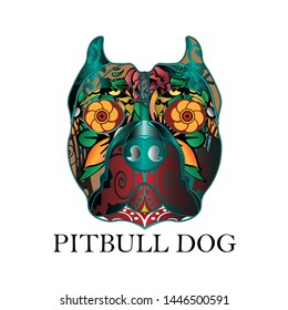 PITBULL face ornaments in SUGAR SKULL, isolated vector illustrations on white background, images for art collections and for logos