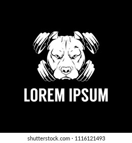 pitbull head with barbell or dumbbell vector logo template