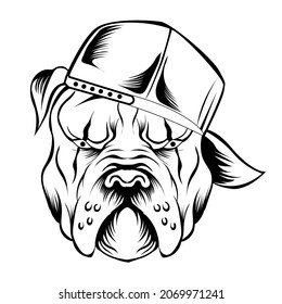 Pitbull head in black and white color style. Vector illustration