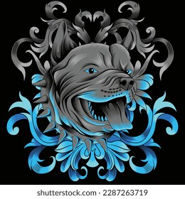 pitbull head illustration with baroque ornament