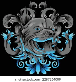 pitbull head illustration with baroque ornament