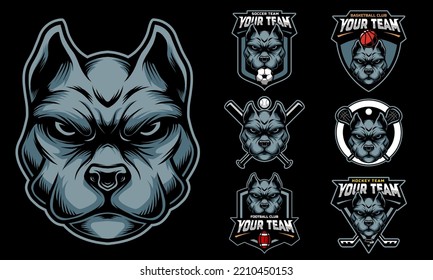 Pitbull Head Mascot Logo With Logo Set For Team Football, Basketball, Lacrosse, Baseball, Hockey , Soccer .suitable For The Sports Team Mascot Logo .vector Illustration.