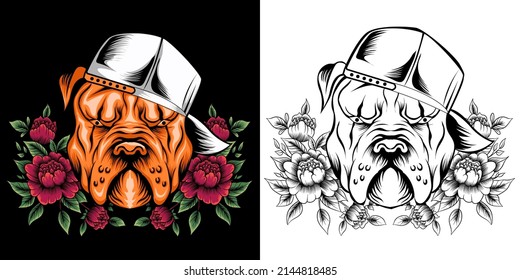 pitbull head with roses vector illustration