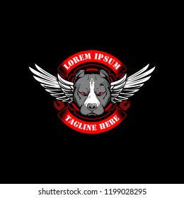 pitbull head with wing and ribbon  vector emblem logo template