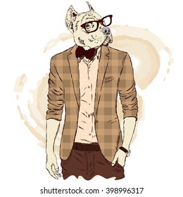 Pitbull hipster in a jacket and sunglasses . Vector illustration. The print on the cover , clothing or card .
